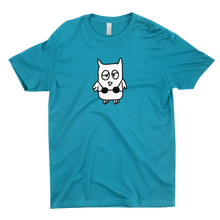 The drawful owl wearing a bikini is printed in black and white on an aqua blue tee.