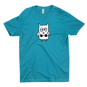 The drawful owl wearing a bikini is printed in black and white on an aqua blue tee.