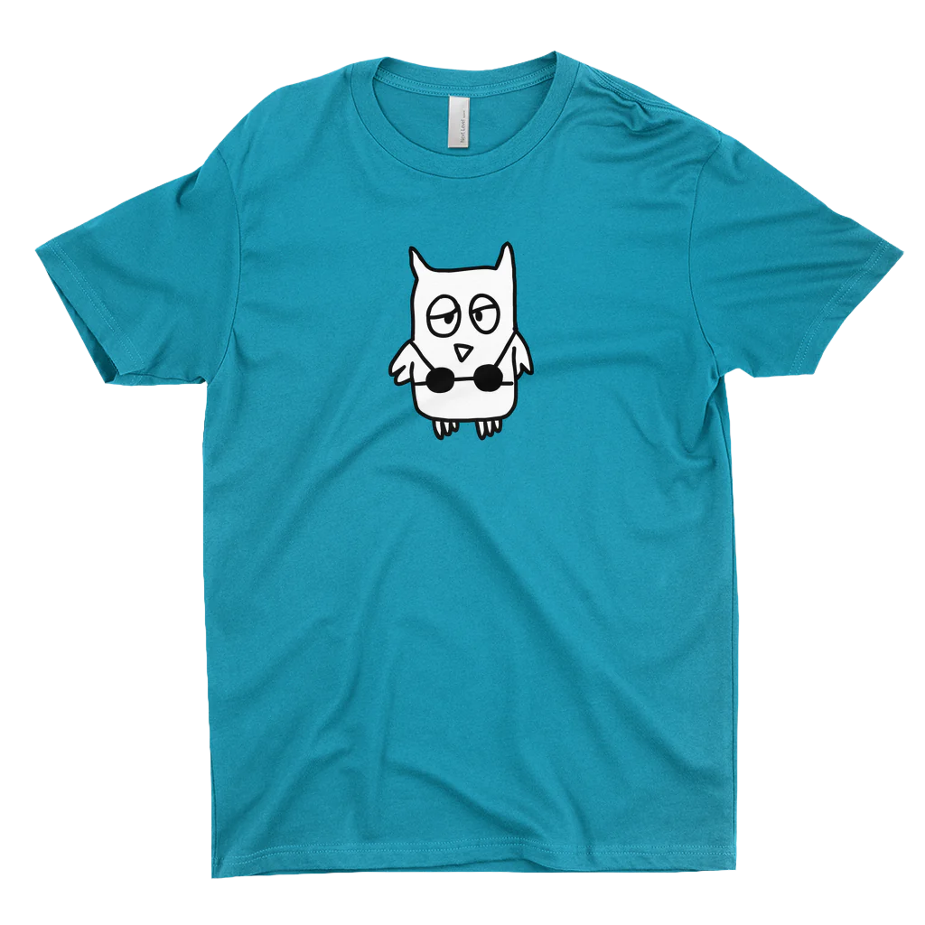 The drawful owl wearing a bikini is printed in black and white on an aqua blue tee.