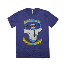 Muscular M Bubs drawing with the text "Champion of Business" on a heather blue t-shirt