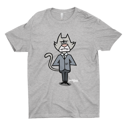 Heather grey tee with a large print of Mayonnaise, the cat host of Split the Room