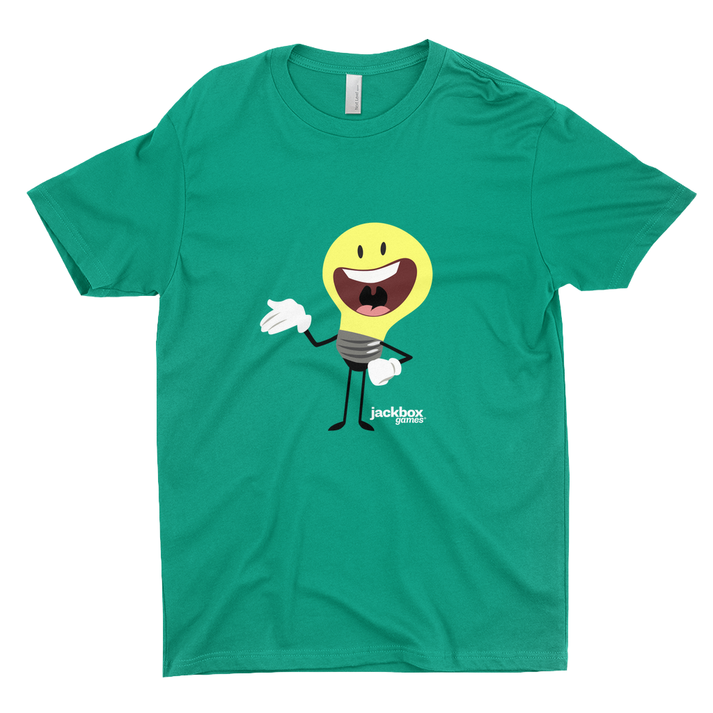 Kelly gree tee with a print of yellow light bulb character from Patently Stupid