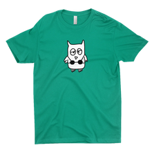 The drawful owl wearing a bikini is printed in black and white on a kelly  green tee.