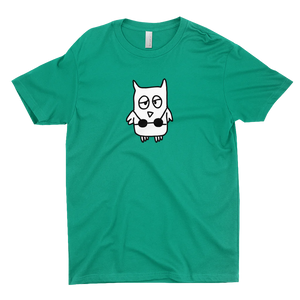 The drawful owl wearing a bikini is printed in black and white on a kelly  green tee.